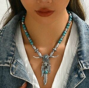 Ox Cow Skull Dangle Feathers Necklace Silver Turquoise Beads Western Cowgirl